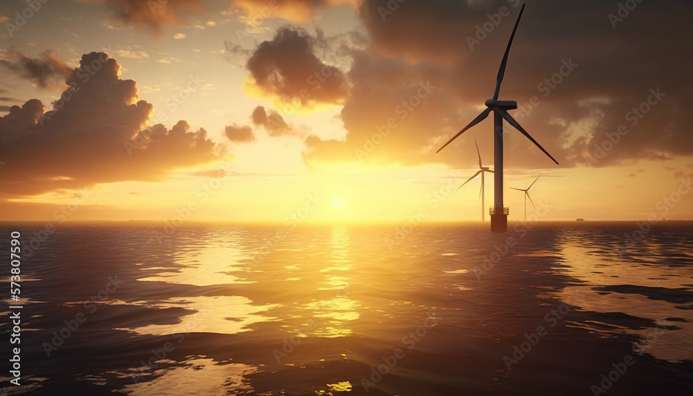  a wind turbine in the middle of the ocean with the sun setting behind it and clouds in the sky abov