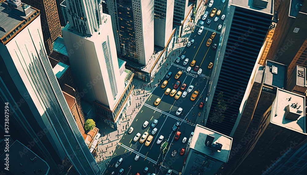  an aerial view of a city with tall buildings and cars on the road in the middle of the city, lookin