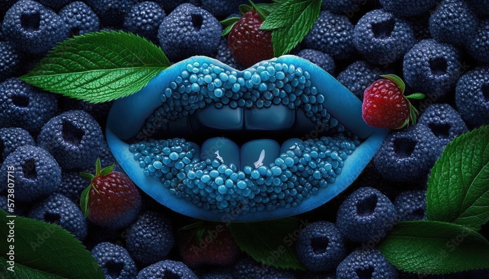  a blue mouth with berries and leaves surrounding it on a blue surface with blueberries and raspberr