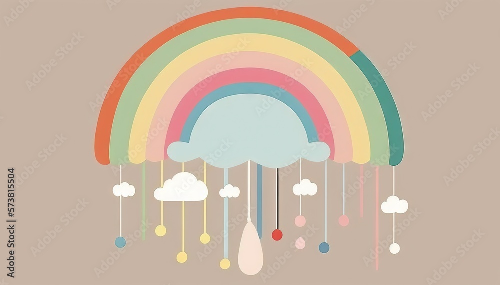  a rainbow with clouds and rain drops hanging from its sides and a brown background with white clou