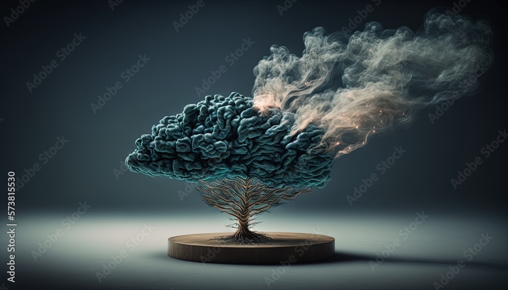  a tree with a lot of smoke coming out of its trunk on top of a wooden stand on a gray background w