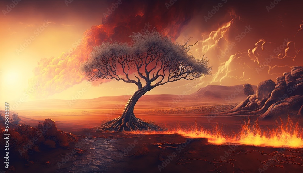  a painting of a tree in the middle of a desert with a fire coming out of the ground and a sky fille