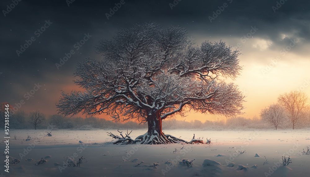  a painting of a tree in a snowy field with a sunset in the background and a dark sky in the backgro