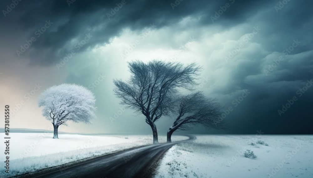  two trees in the middle of a snow covered field under a dark sky with storm clouds above them and a