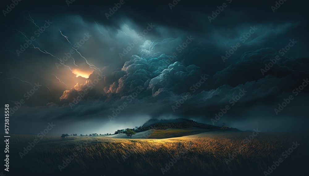  a painting of storm clouds over a field with a house on a hill in the foreground and a dark sky wit