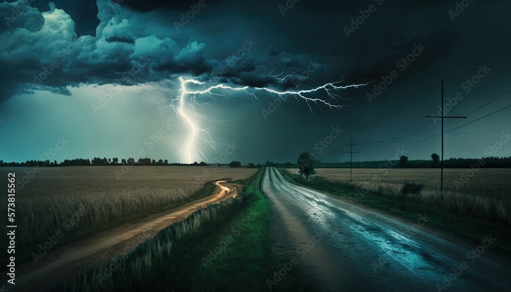  a storm is coming over a dirt road and a field with a dirt road in the foreground and a field with 