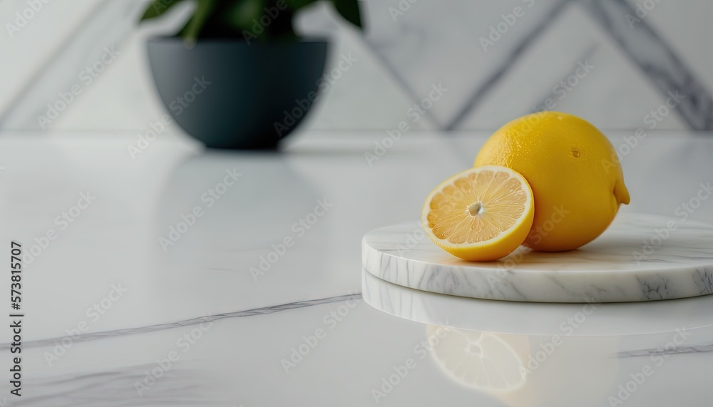  two lemons sitting on a marble plate on a marble counter top with a potted plant in the backgrouf o