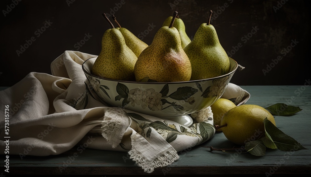  a bowl of pears and a cloth on a table with a cloth on the table cloth and a cloth on the table clo