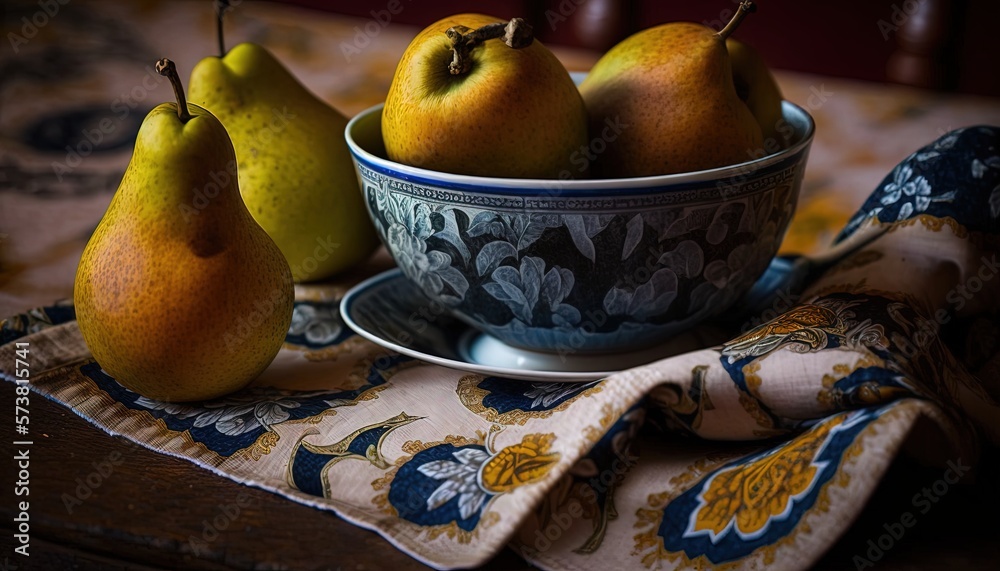  a bowl of pears and a bowl of pears on a tablecloth with a cloth napkin on the side of the bowl and