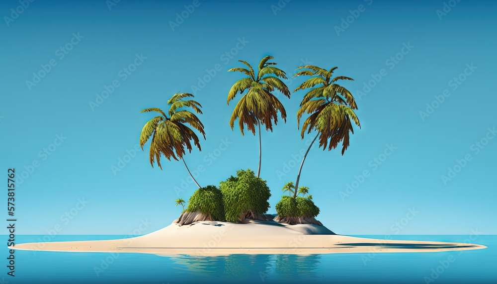  a small island with three palm trees on it in the middle of the ocean with a blue sky in the back g