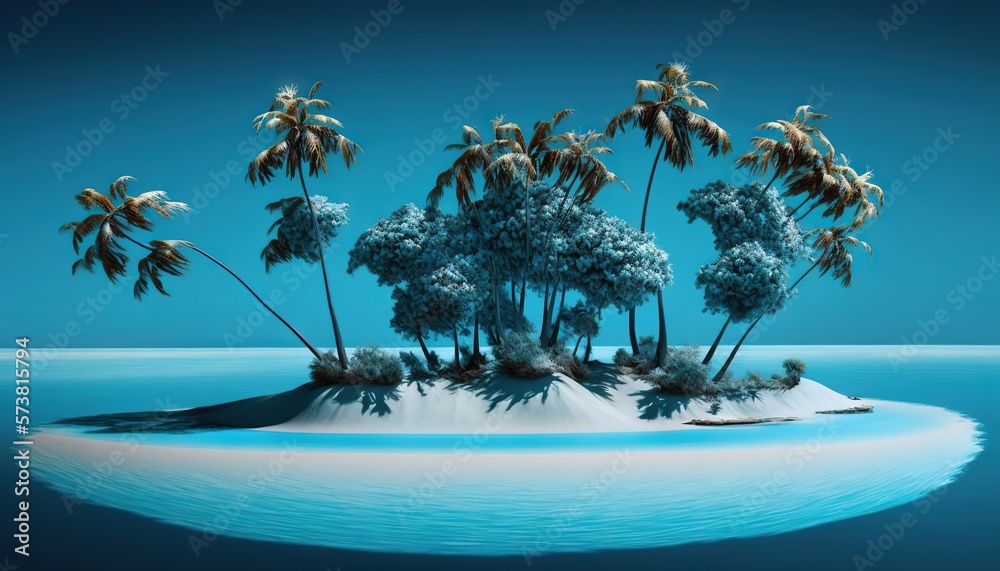  a small island with palm trees in the middle of the water and a blue sky in the back ground, with a