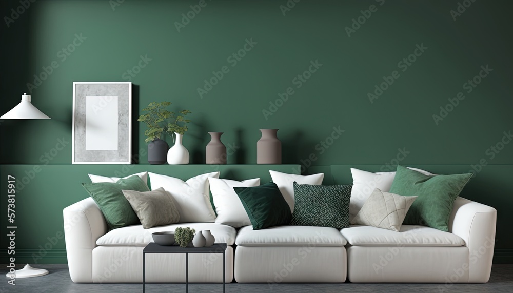  a living room with a white couch and green pillows on the back of the couch and a green wall behind