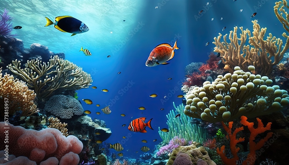  an underwater scene with corals and tropical fish in the water and sunlight shining on the water su