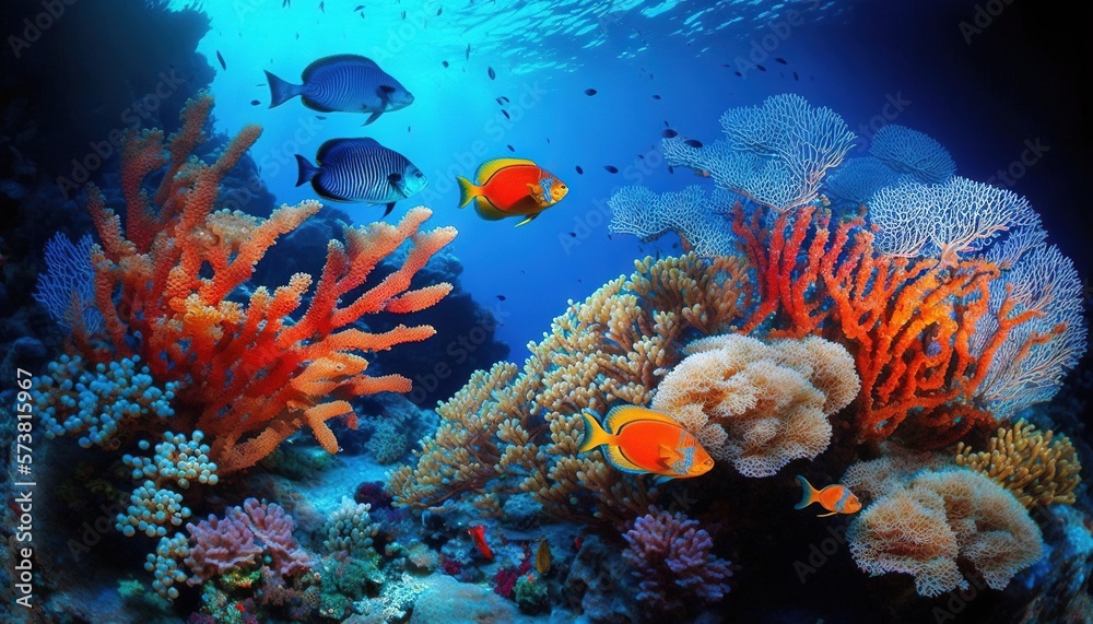  a group of fish swimming over a colorful coral covered ocean floor with soft corals and soft corals