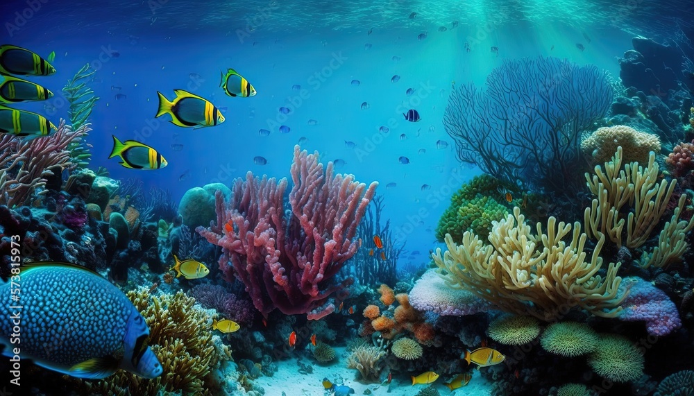  a large group of fish swimming over a coral reef in a blue ocean with corals and sponges on the bot