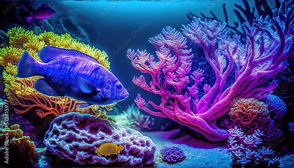  a fish and some corals in an aquarium with blue water and blue sky in the background, with a fish a