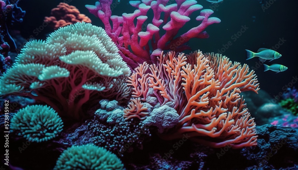  an underwater scene with corals and other corals in the water and a fish swimming in the water near