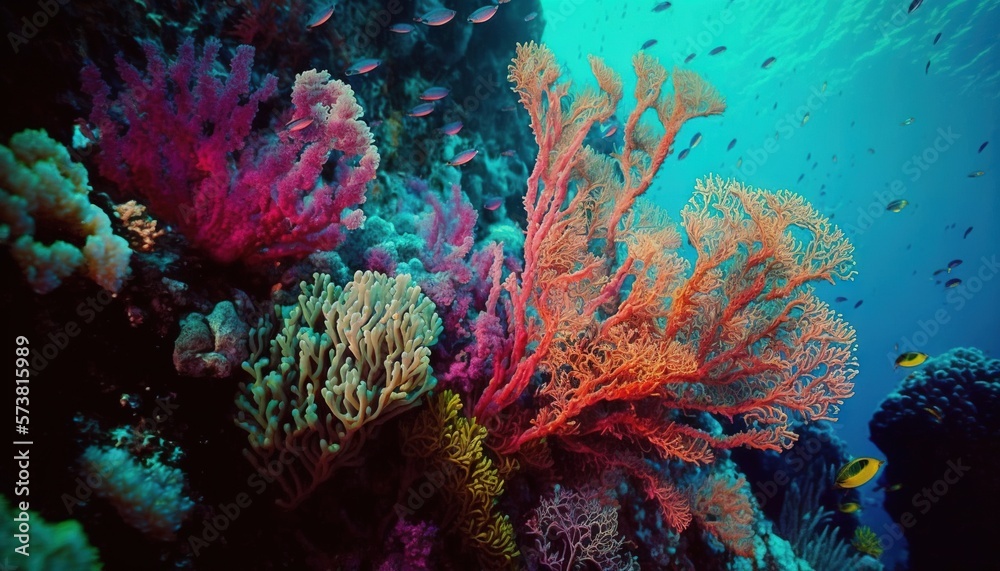  a colorful coral reef with fish swimming around its corals and corals on the waters surface in th