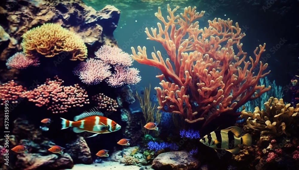  an aquarium with many different types of corals and fish swimming around the corals and corals on t