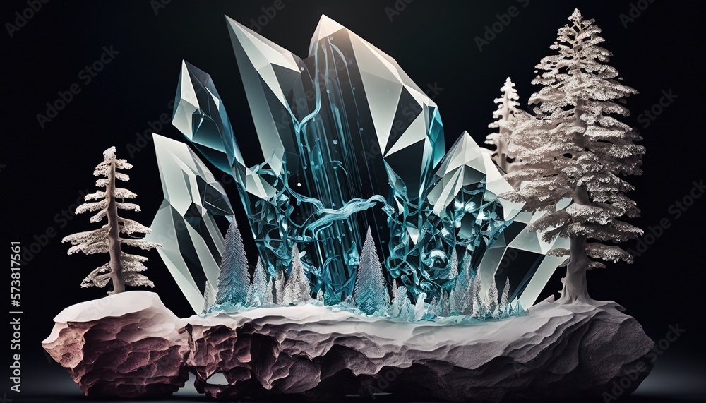  a stylized image of a crystal mountain with trees on it and snow on the ground in front of it, with