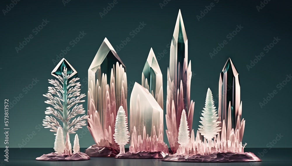  a group of crystal buildings with trees in the middle of them on a dark surface with a green backgr