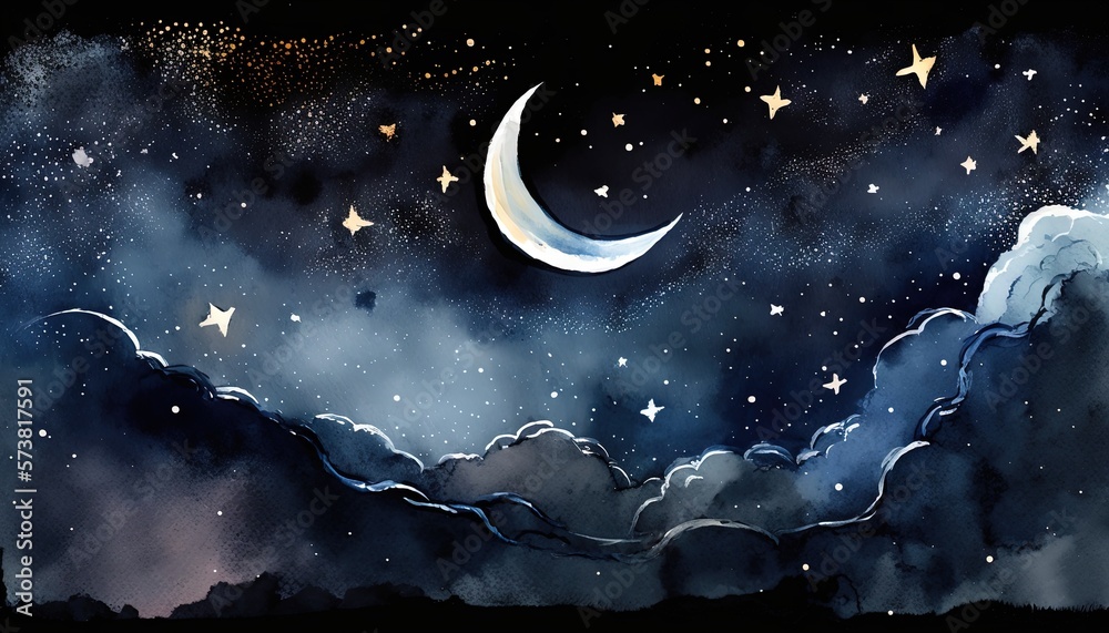  a painting of a night sky with stars and the moon in the sky with clouds and stars in the sky with 