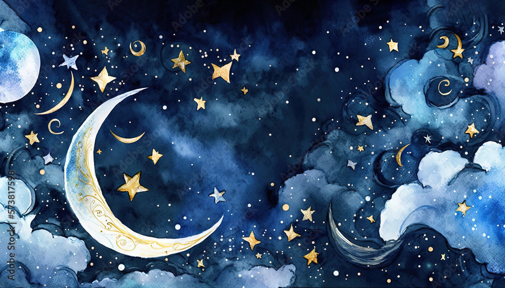  a painting of a night sky with stars and a crescent with a moon and stars on the side of the moon, 