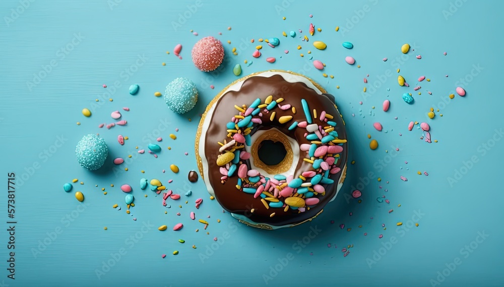  a donut with chocolate frosting and sprinkles on a blue surface with colorful sprinkles around it a