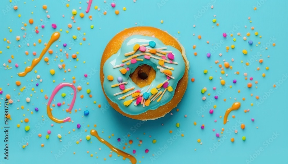  a donut with blue icing and sprinkles on a blue background with confetti and streamers of colored s