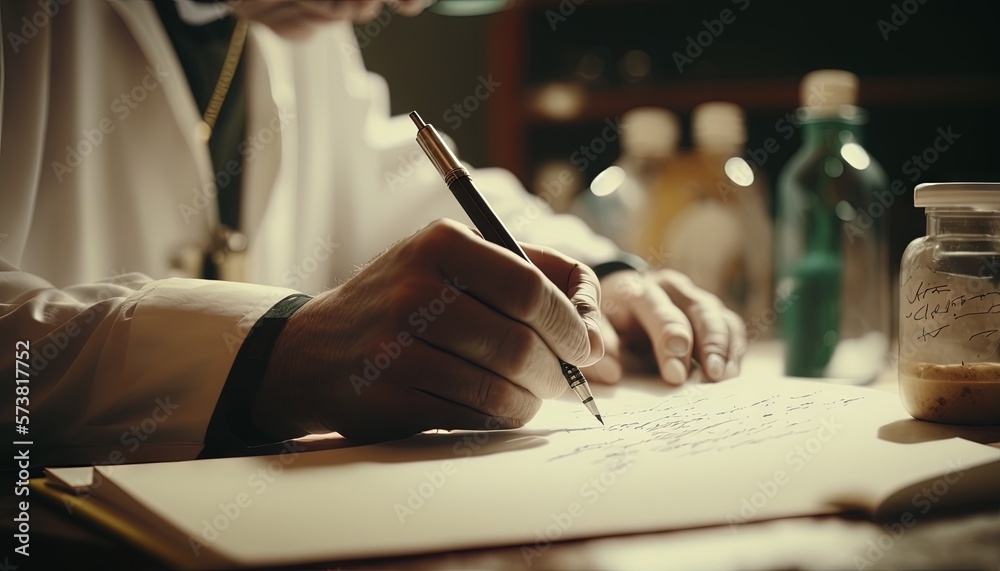  a person writing on a piece of paper with a pen and a glass jar on the table next to it and a bottl