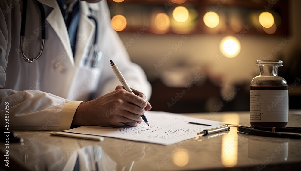  a doctor writing on a piece of paper with a bottle of medicine in front of it on a countertop next 