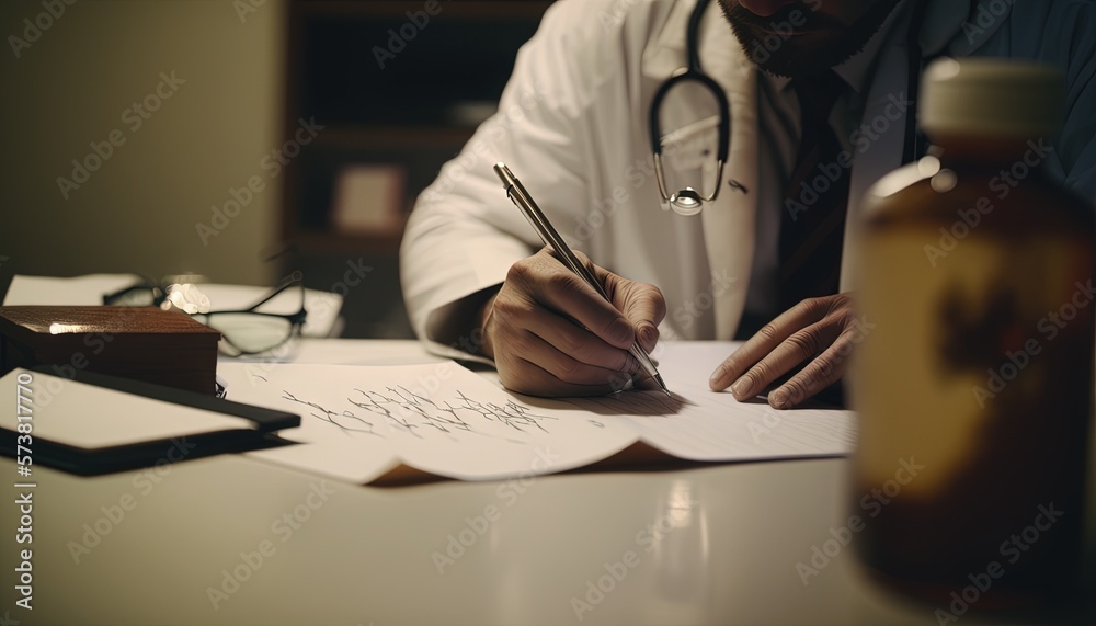  a man in a white coat writing on a piece of paper with a stethoscope next to him on a table with a 