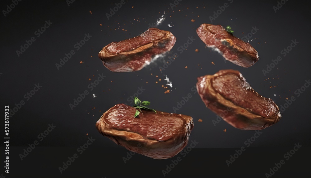  three pieces of meat with a sprig of basil on top of them on a black background with a few scattere