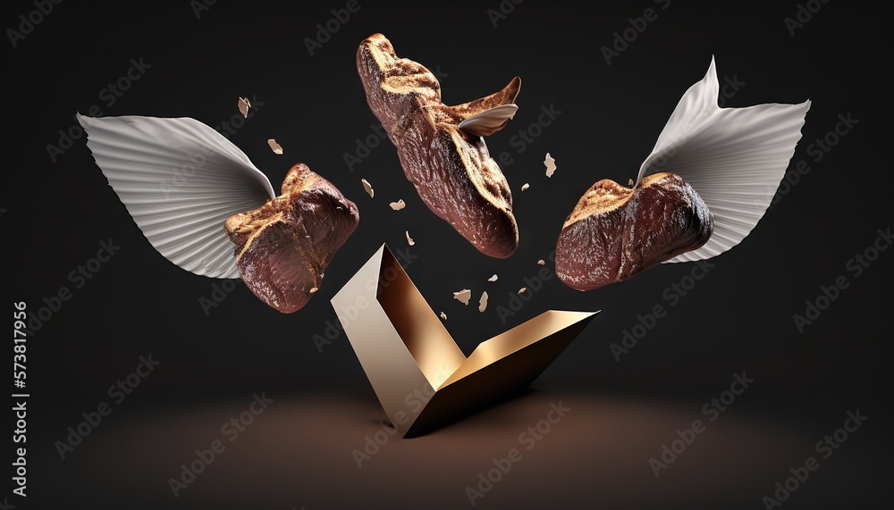  a piece of meat is flying out of a box with a piece of meat in it and another piece of meat in the 