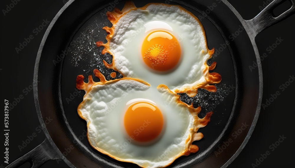  two fried eggs in a frying pan on a black surface with a black spoon and a black spatula on the sid