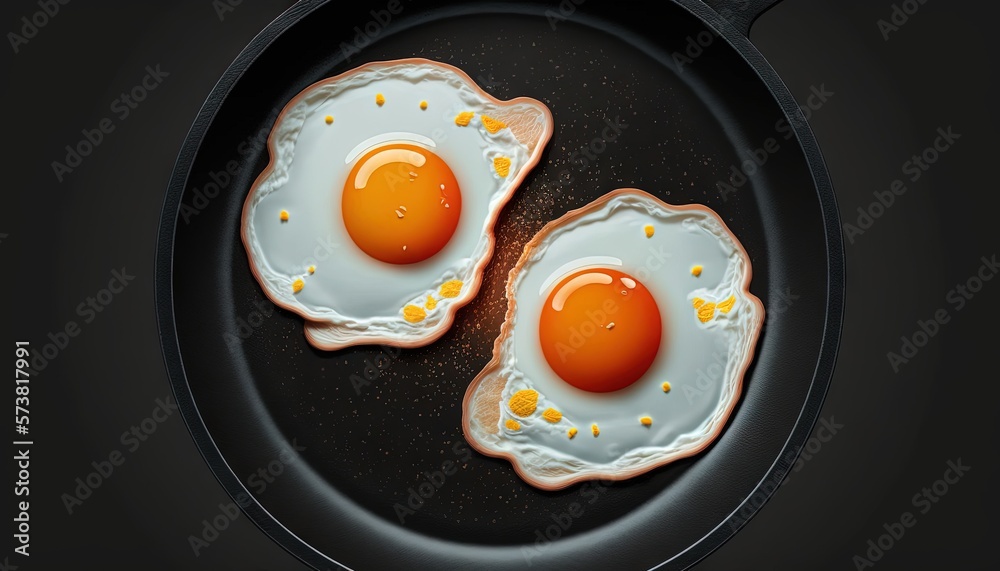  two fried eggs in a frying pan on a black table top with a black spoon and a black background with 