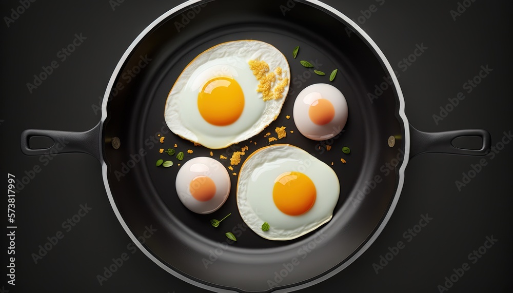  three fried eggs in a frying pan on a black table top with green leaves and a black background with