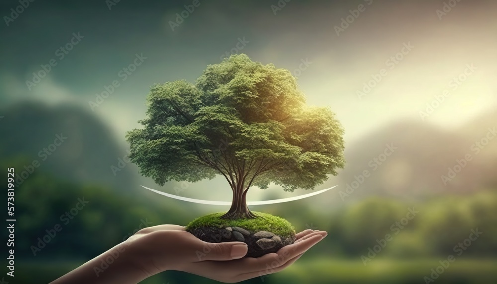  a persons hand holding a small tree and a rock in the palm of their hand, with a crescent above th