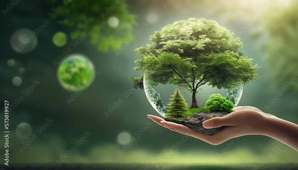  a hand holding a small tree in a glass globe with a green forest inside of it, surrounded by bubble