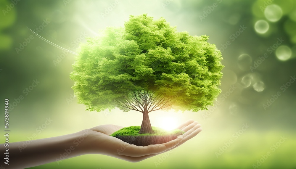  a person holding a tree in their hand with sunlight coming through the leaves on the top of the tre