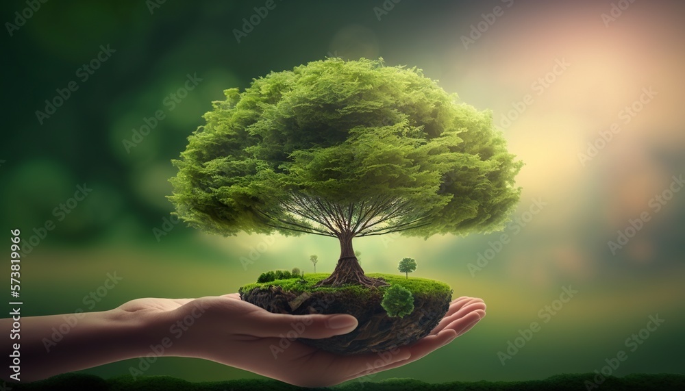  a person holding a small tree in their hand with a green background and a green sky in the backgrou