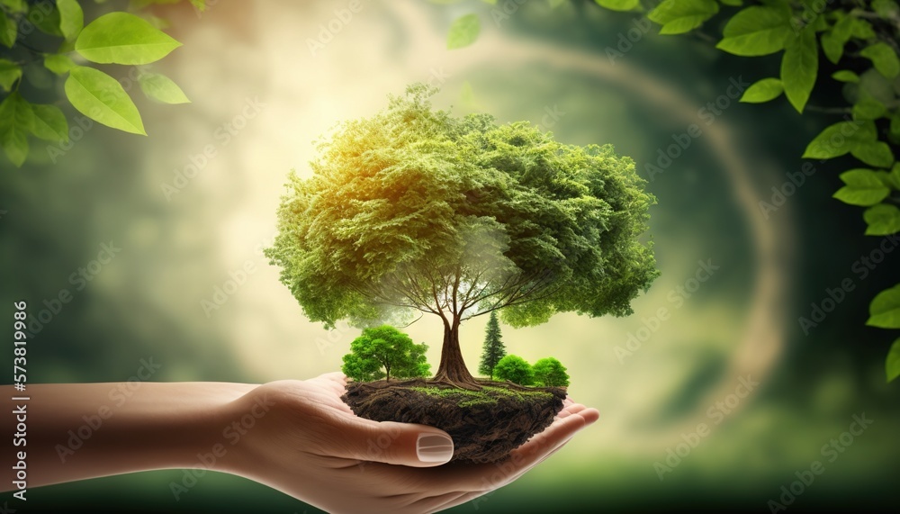  a person holding a small tree in their hands with a green background and a green circle around it t