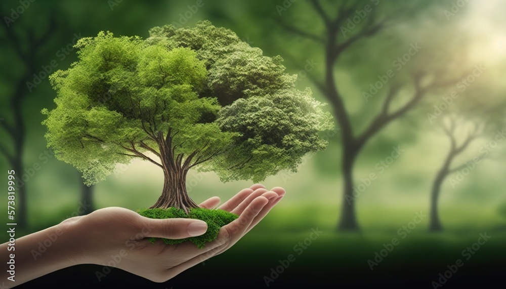  a hand holding a small tree in the middle of a forest with grass growing out of the palm of its pa