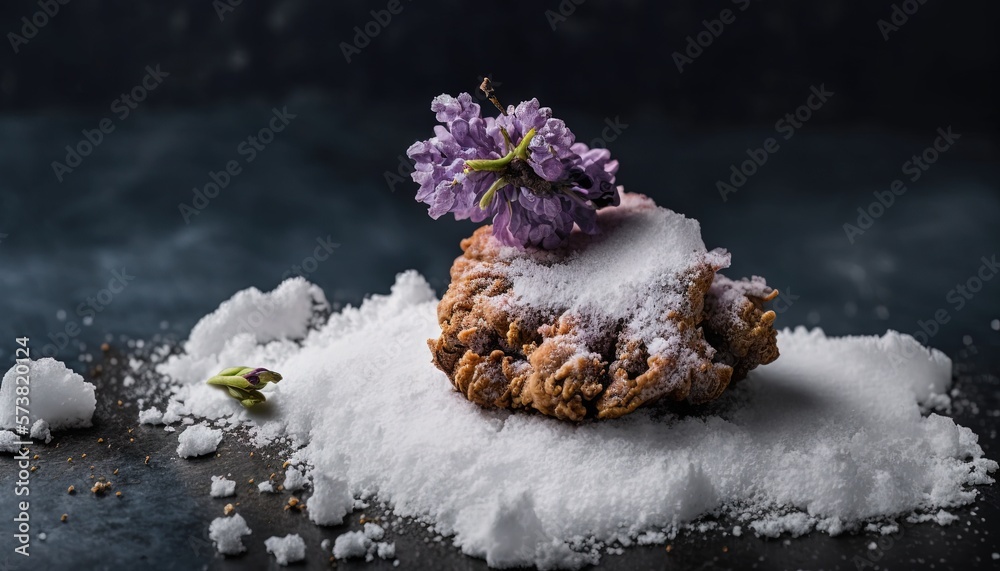  a piece of cake with a flower on top of it on a pile of sugar and powdered sugar on a black surface