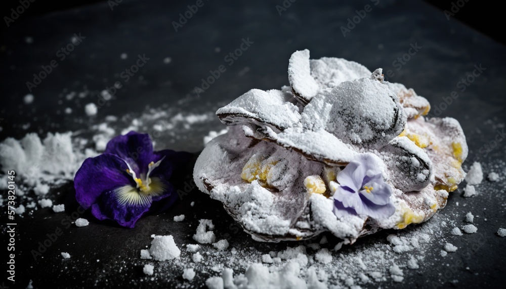  a pile of powdered sugar next to a purple pansies flower on a black surface with white flakes of su