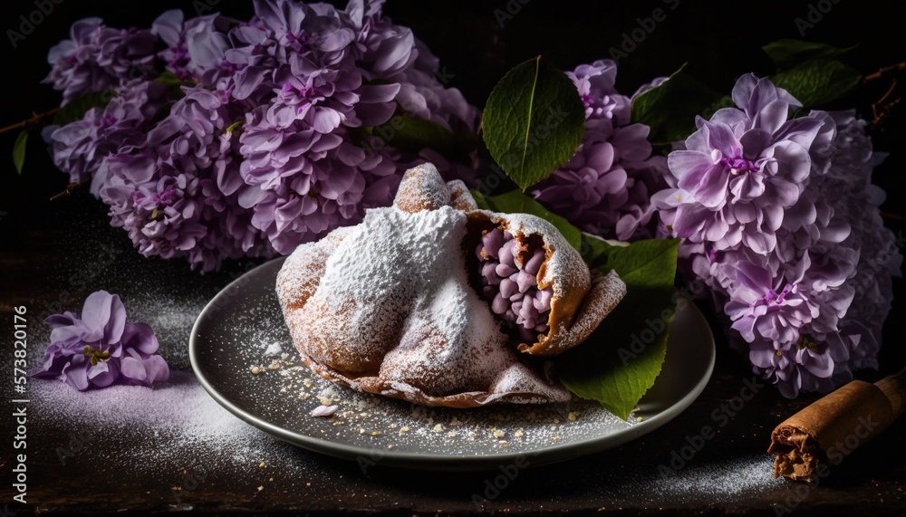  a plate with a pastry on it next to purple flowers and a cinnamon roll on a plate with powdered sug