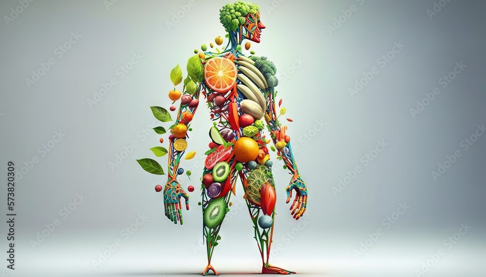  a human body made up of fruits and vegetables with a lot of vitamins on the inside of the body and 