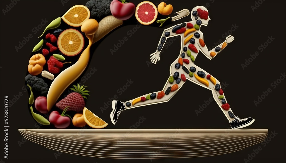  a person running through a circle of fruits and vegetables in the shape of a person running through