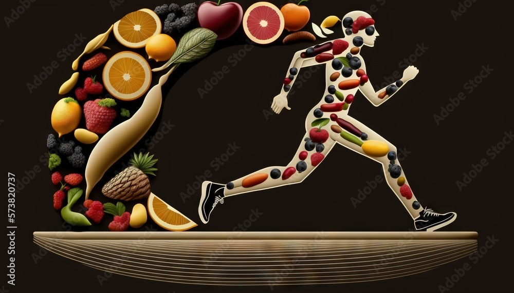  a man running through a circle of fruits and vegetables on a black background with a shadow of a ma