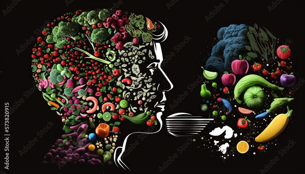  a mans head is filled with different types of vegetables and fruits, and the image shows a mans f